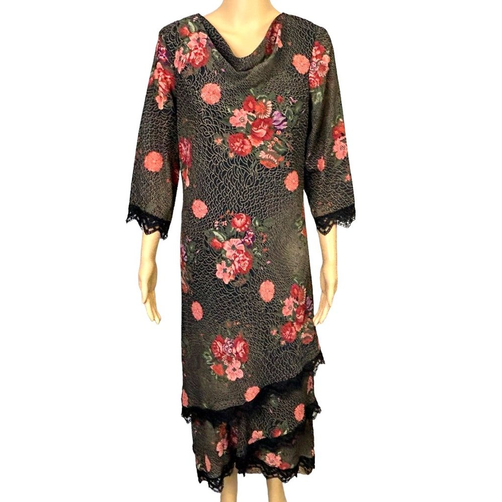 Vintage Mary McFadden Womens 12 Floral‎ Black 3/4 Sleeve Dress
